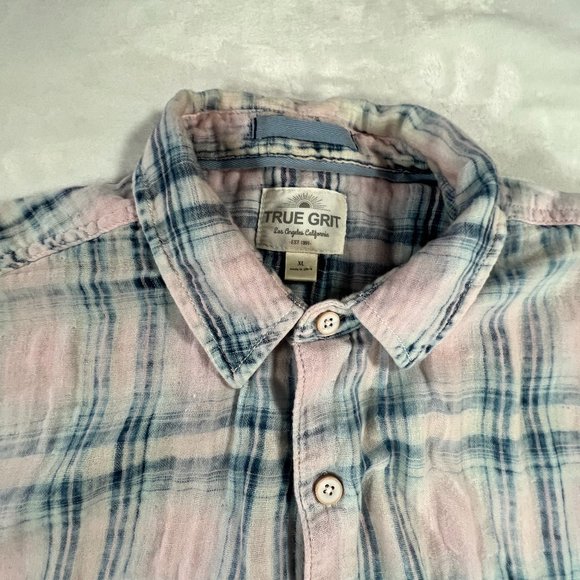 True Grit Men's Short Sleeve Gauze Button Down Shirt Pink Blue Plaid Size XL - Picture 3 of 4